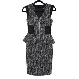 Bebe Dress Womens 2 Black White Peplum Sheath Bodycon Zip Front Tweed Work